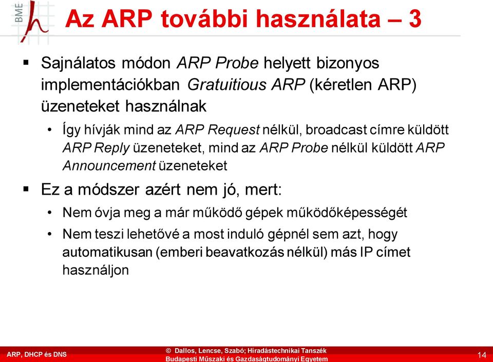 az ARP Probe nélkül küldött ARP Announcement üzeneteket Ez a módszer azért nem jó, mert: Nem óvja meg a már működő gépek