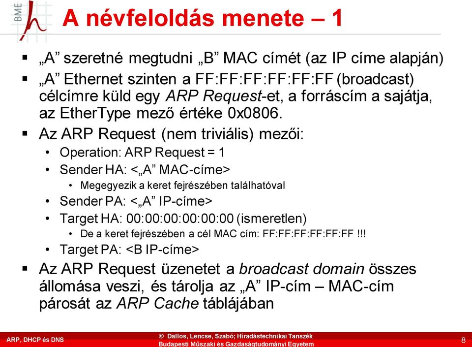 Az ARP Request (nem triviális) mezői: Operation: ARP Request = 1 Sender HA: < A MAC-címe> Megegyezik a keret fejrészében találhatóval Sender PA: < A IP-címe>
