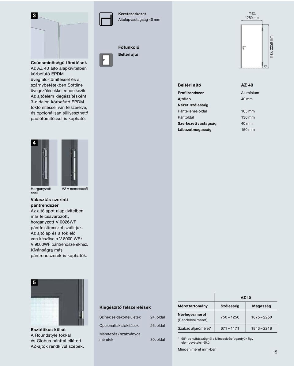 Főfunkció Beltéri ajtó Beltéri ajtó AZ 40 Profilrendszer Alumínium Ajtólap 40 mm Nézeti szélesség Pántellenes oldal 105 mm Pántoldal 130 mm Szerkezeti vastagság 40 mm Lábazatmagasság 150 mm max.