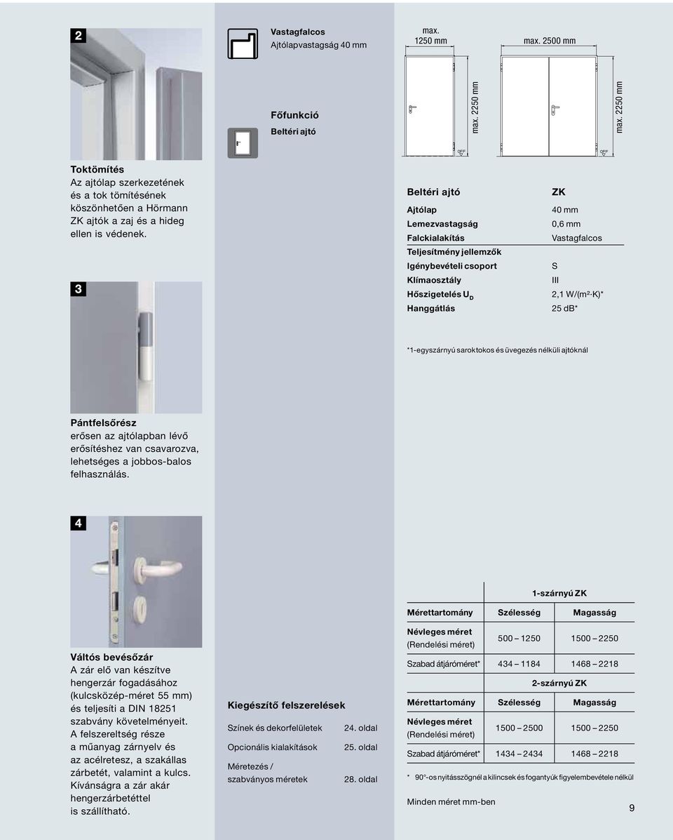 Beltéri ajtó Ajtólap Lemezvastagság Falckialakítás Teljesítmény jellemzők Igénybevételi csoport Klímaosztály Hőszigetelés U D Hanggátlás ZK 40 mm 0,6 mm Vastagfalcos S III 2,1 W/ (m² K)* 25 db* *