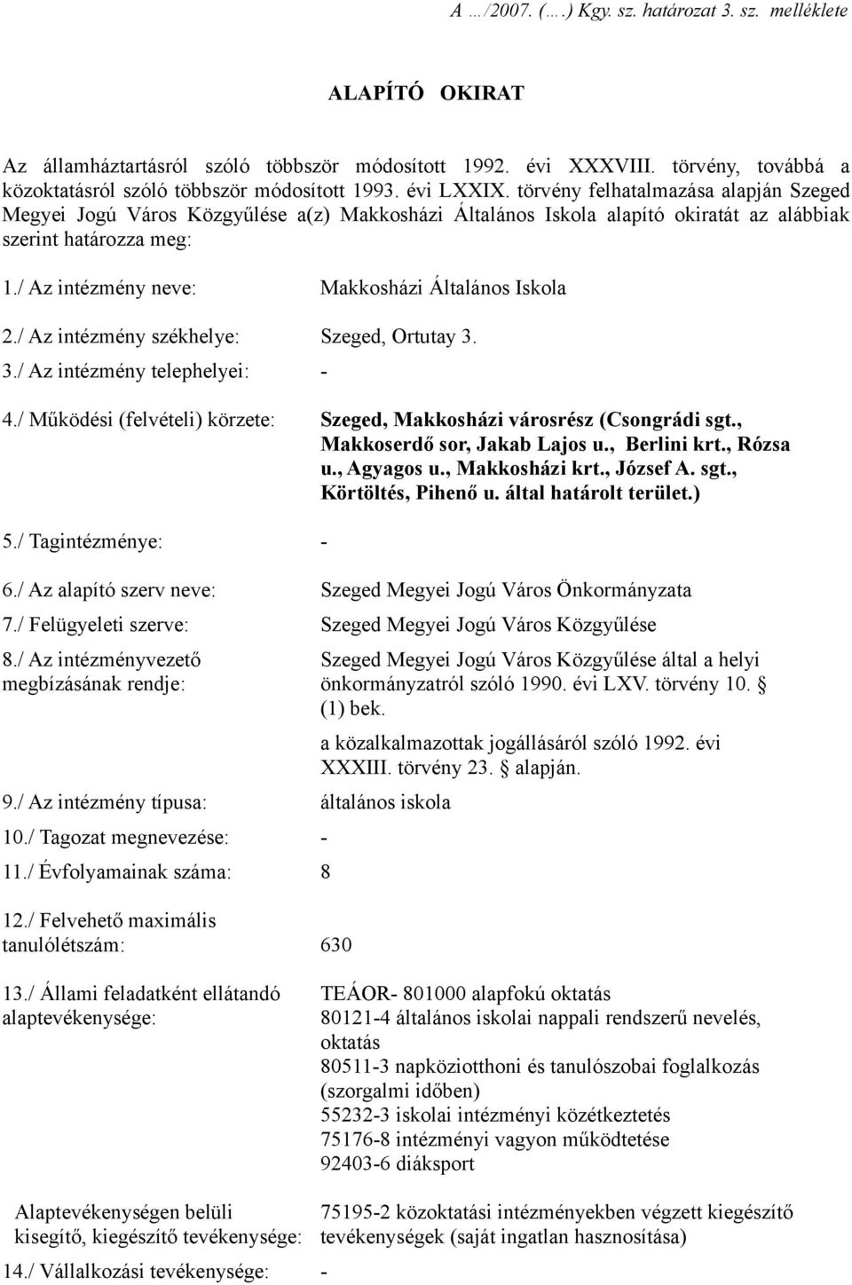 / Az intézmény neve: Makkosházi Általános Iskola 2./ Az intézmény székhelye: Szeged, Ortutay 3. 3./ Az intézmény telephelyei: - 4.