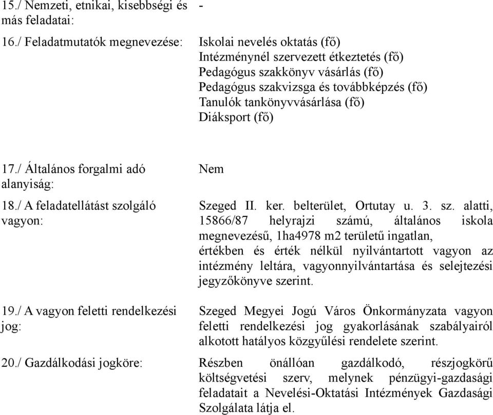 tankönyvvásárlása (fő) Diáksport (fő) 17./ Általános forgalmi adó alanyiság: 18./ A feladatellátást szo