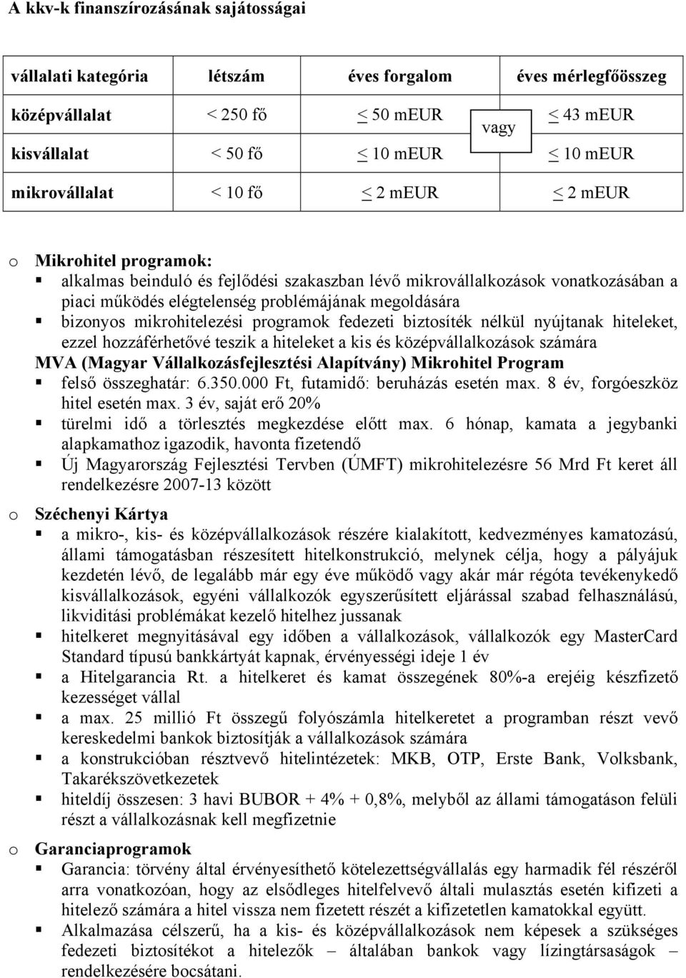 bizonyos mikrohitelezési programok fedezeti biztosíték nélkül nyújtanak hiteleket, ezzel hozzáférhetővé teszik a hiteleket a kis és középvállalkozások számára MVA (Magyar Vállalkozásfejlesztési