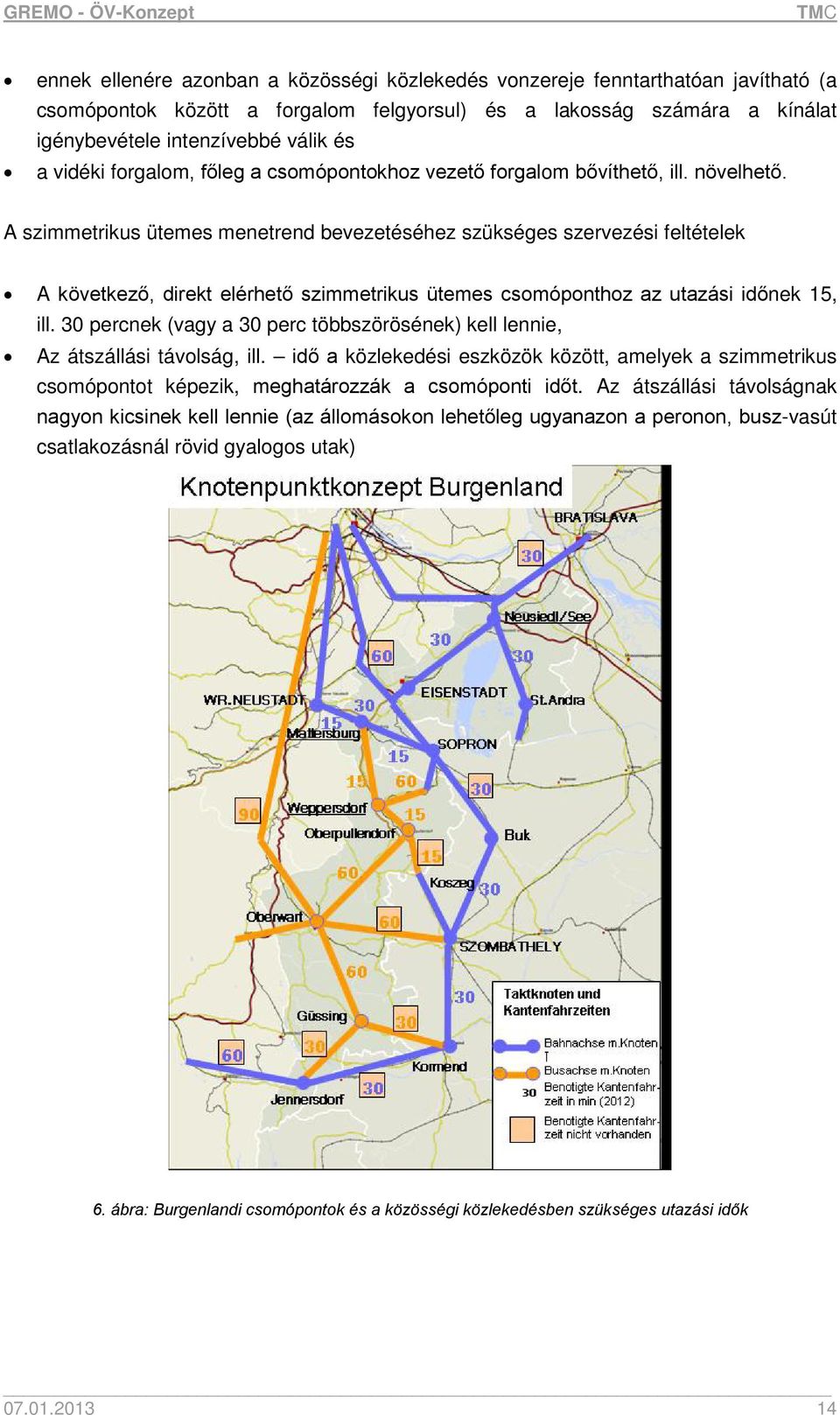 A szimmetrikus ütemes menetrend bevezetéséhez szükséges szervezési feltételek A következő, direkt elérhető szimmetrikus ütemes csomóponthoz az utazási időnek 15, ill.