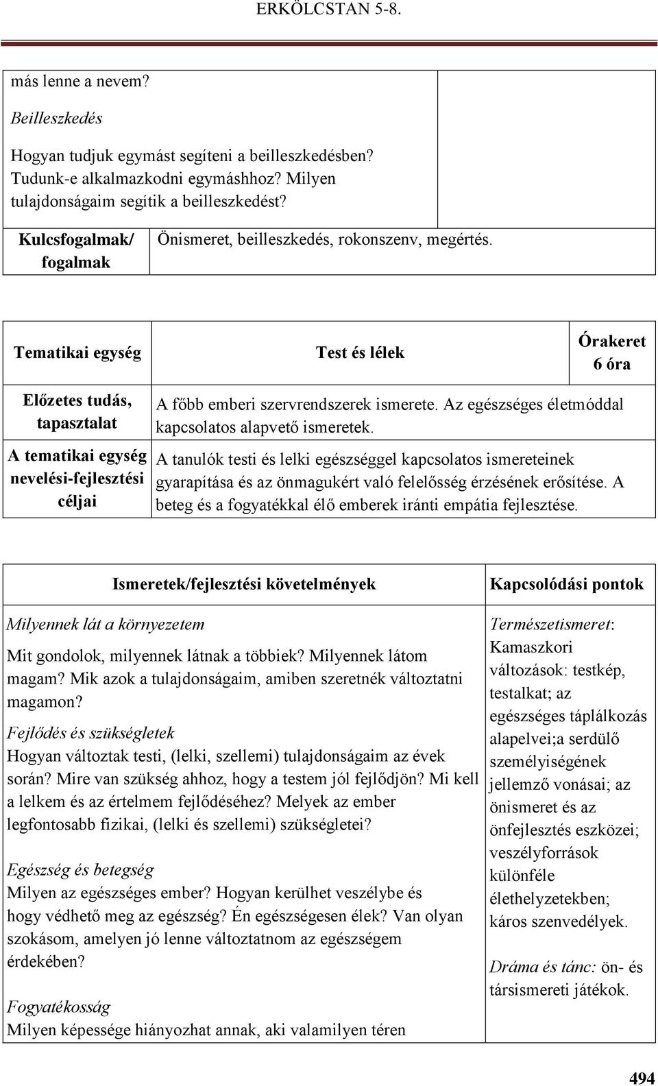 A tanulók testi és lelki egészséggel kapcsolatos ismereteinek gyarapítása és az önmagukért való felelősség érzésének erősítése. A beteg és a fogyatékkal élő emberek iránti empátia fejlesztése.