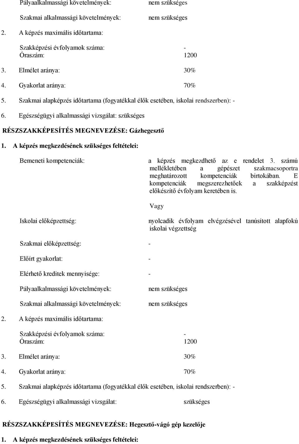 Egészségügyi alkalmassági vizsgálat: szükséges RÉSZSZKKÉPESÍTÉS MEGNEVEZÉSE: Gázhegesztő 1. képzés megkezdésének szükséges feltételei: Bemeneti kompetenciák: a képzés megkezdhető az e rendelet 3.