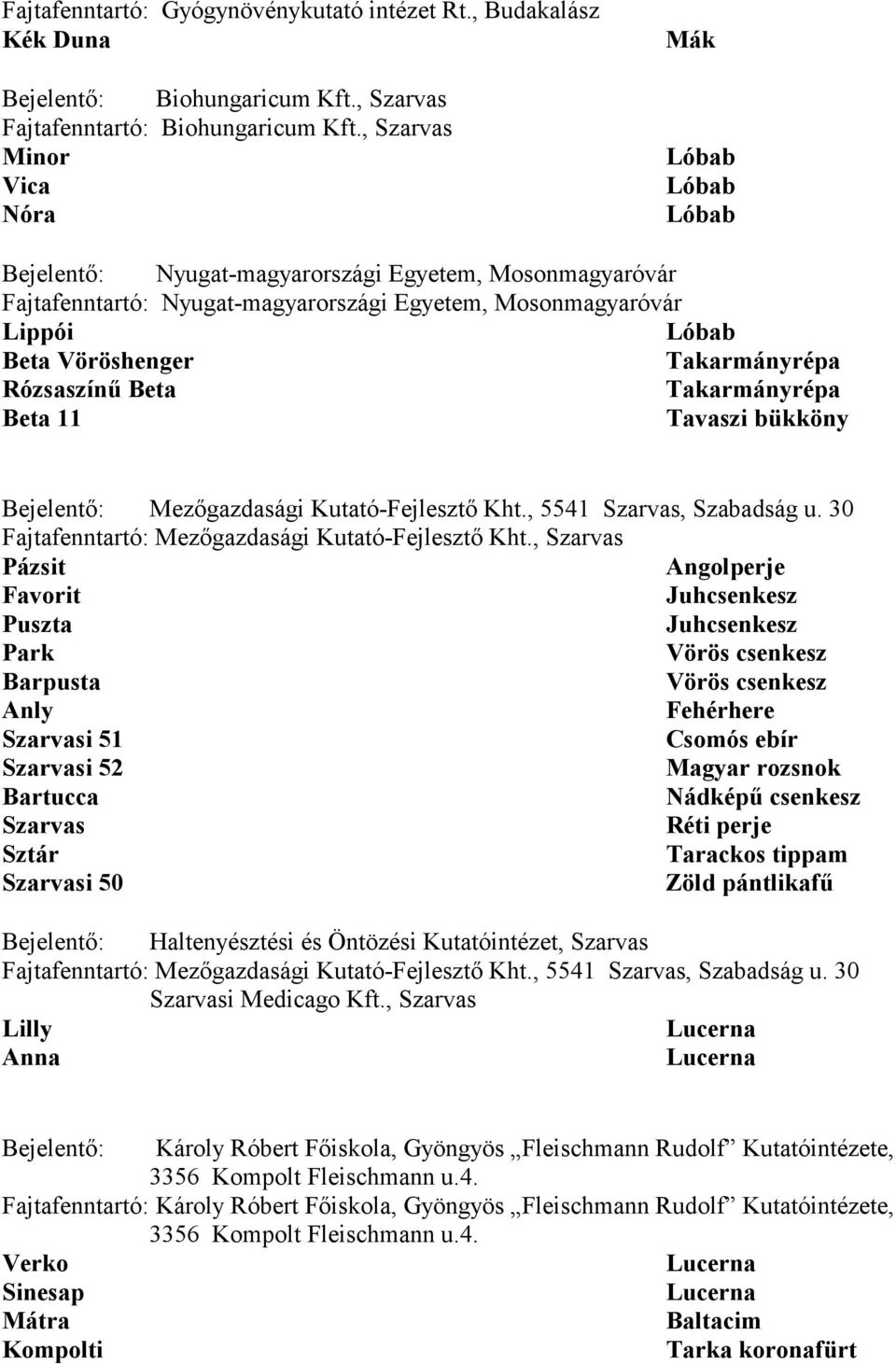 Rózsaszínű Beta Takarmányrépa Beta 11 Tavaszi bükköny Mezőgazdasági Kutató-Fejlesztő Kht., 5541 Szarvas, Szabadság u. 30 Fajtafenntartó: Mezőgazdasági Kutató-Fejlesztő Kht.