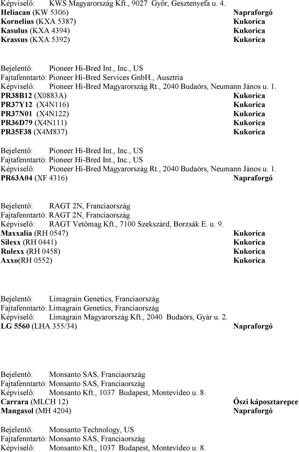 PR38B12 (X0883A) PR37Y12 (X4N116) PR37N01 (X4N122) PR36D79 (X4N111) PR35F38 (X4M837) Pioneer Hi-Bred Int., Inc., US Fajtafenntartó: Pioneer Hi-Bred Int., Inc., US Pioneer Hi-Bred Magyarország Rt.