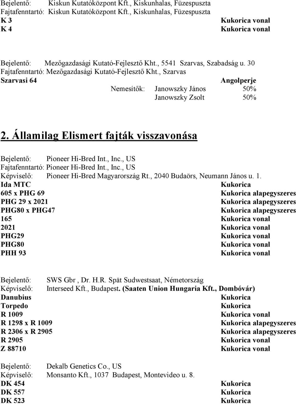 Államilag Elismert fajták visszavonása Pioneer Hi-Bred Int., Inc., US Fajtafenntartó: Pioneer Hi-Bred Int., Inc., US Pioneer Hi-Bred Magyarország Rt., 2040 Budaörs, Neumann János u. 1.