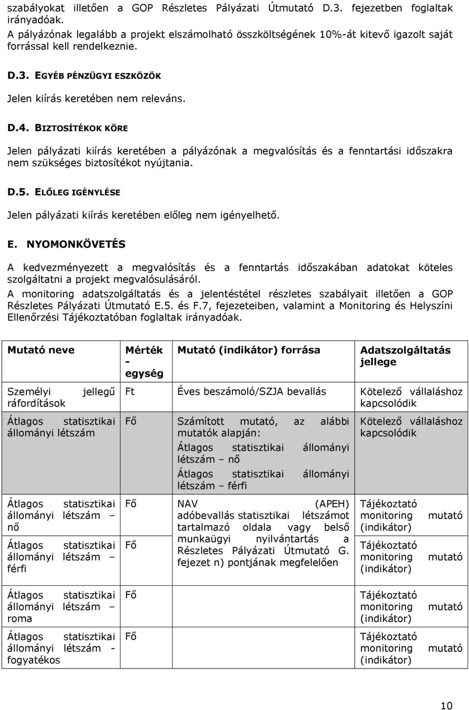 BIZTOSÍTÉKOK KÖRE Jelen pályázati kiírás keretében a pályázónak a megvalósítás és a fenntartási időszakra nem szükséges biztosítékot nyújtania. D.5.