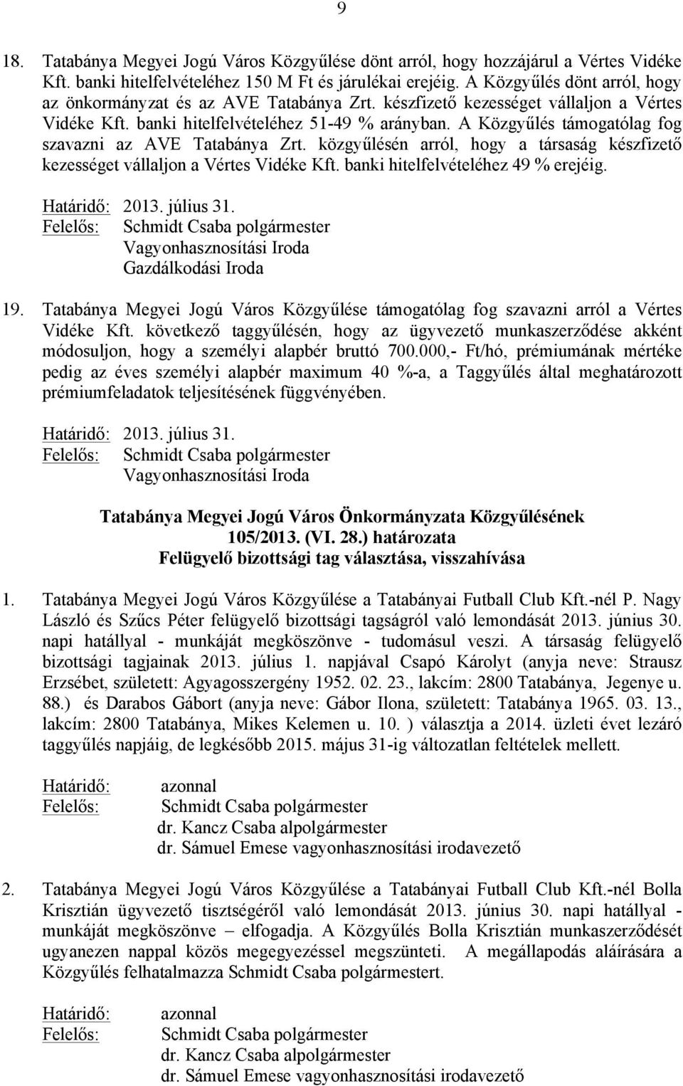 A Közgyűlés támogatólag fog szavazni az AVE Tatabánya Zrt. közgyűlésén arról, hogy a társaság készfizető kezességet vállaljon a Vértes Vidéke Kft. banki hitelfelvételéhez 49 % erejéig. Határidő: 2013.