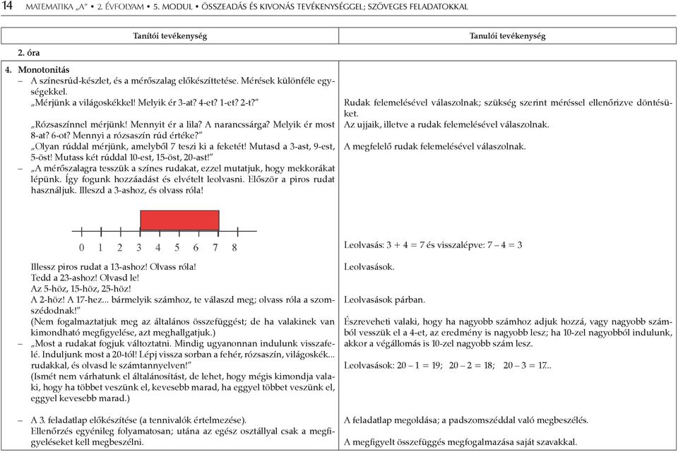 Mennyi a rózsaszín rúd értéke? Olyan rúddal mérjünk, amelyből 7 teszi ki a feketét! Mutasd a 3-ast, 9-est, 5-öst! Mutass két rúddal 10-est, 15-öst, 20-ast!