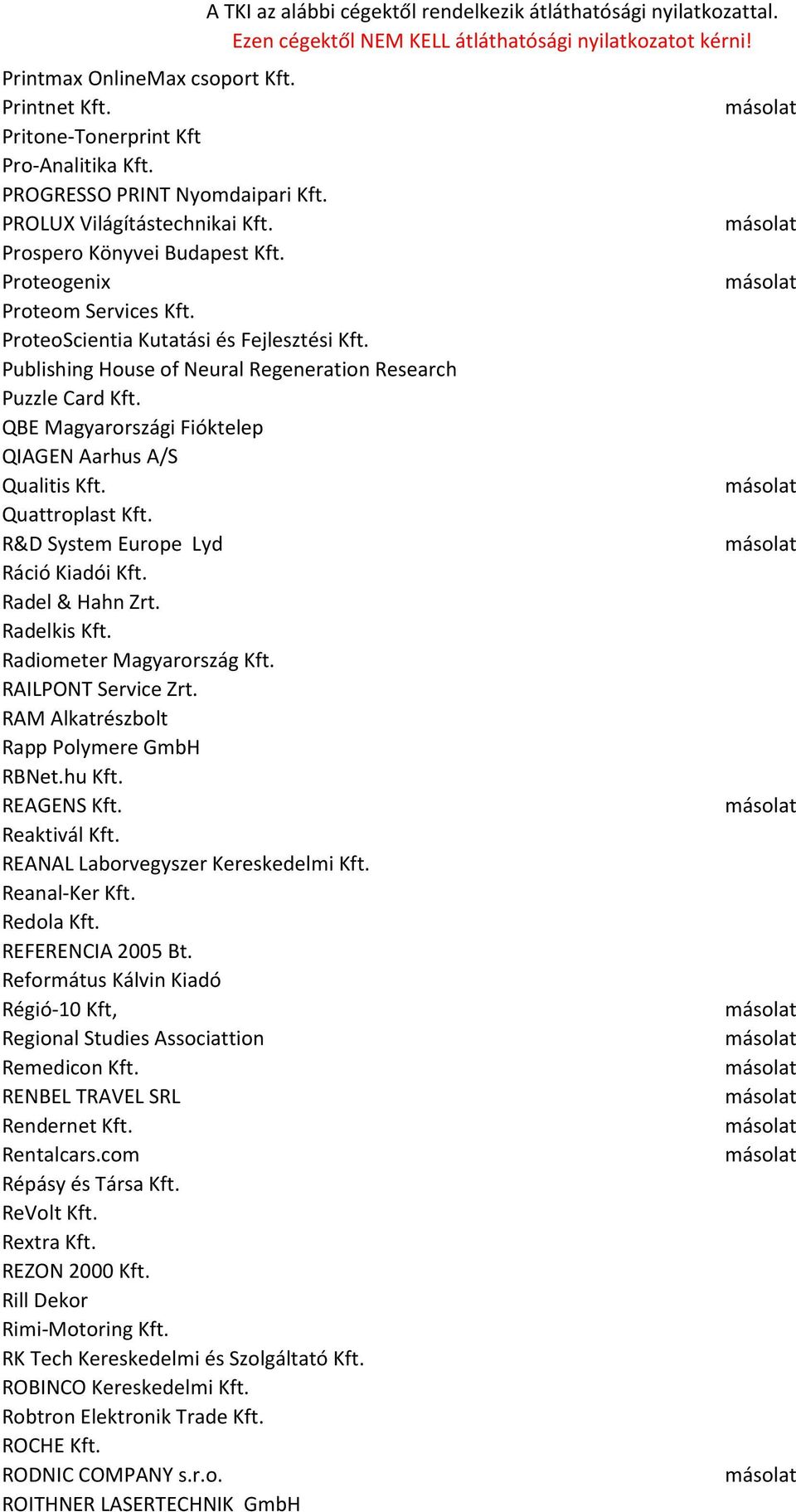 QBE Magyarországi Fióktelep QIAGEN Aarhus A/S Qualitis Kft. Quattroplast Kft. R&D System Europe Lyd Ráció Kiadói Kft. Radel & Hahn Zrt. Radelkis Kft. Radiometer Magyarország Kft. RAILPONT Service Zrt.