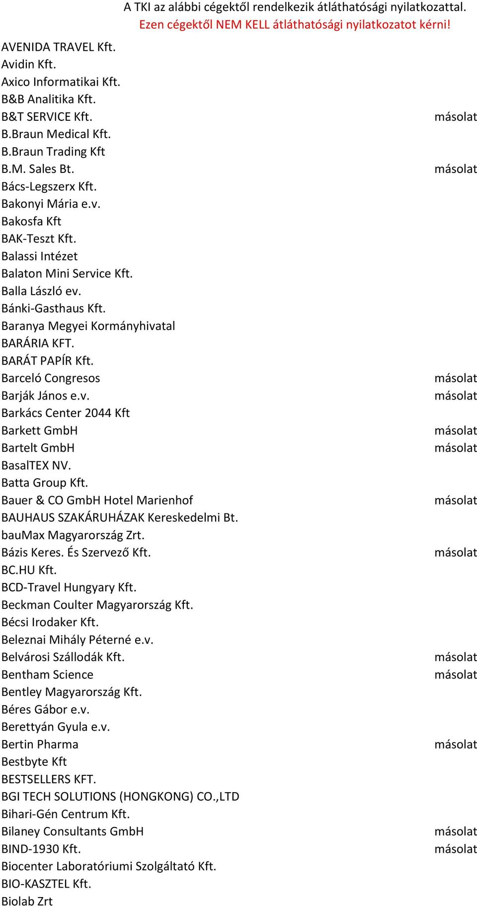 Batta Group Kft. Bauer & CO GmbH Hotel Marienhof BAUHAUS SZAKÁRUHÁZAK Kereskedelmi Bt. baumax Magyarország Zrt. Bázis Keres. És Szervező Kft. BC.HU Kft. BCD-Travel Hungyary Kft.