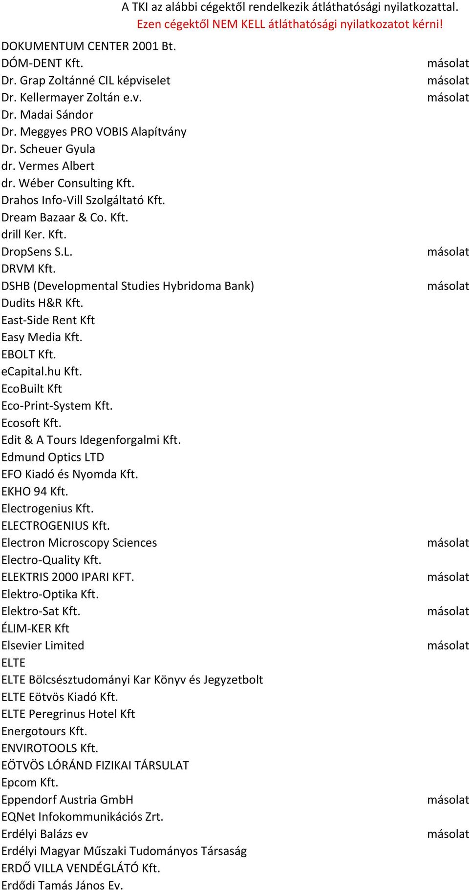 East-Side Rent Kft Easy Media Kft. EBOLT Kft. ecapital.hu Kft. EcoBuilt Kft Eco-Print-System Kft. Ecosoft Kft. Edit & A Tours Idegenforgalmi Kft. Edmund Optics LTD EFO Kiadó és Nyomda Kft.