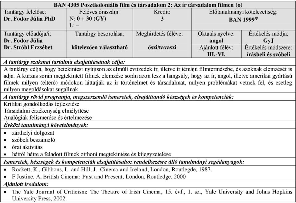 írásbeli és szóbeli A tantárgy célja, hogy betekintést nyújtson az elmúlt évtizedek ír, illetve ír témájú filmtermésébe, és azoknak elemzését is adja.