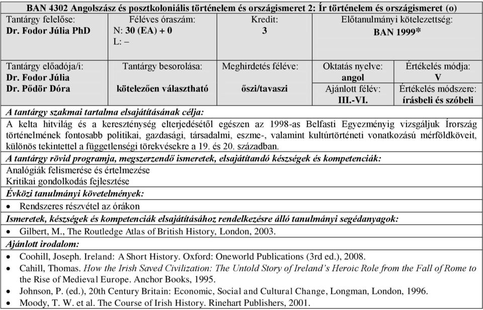 írásbeli és szóbeli A kelta hitvilág és a kereszténység elterjedésétől egészen az 1998-as Belfasti Egyezményig vizsgáljuk Írország történelmének fontosabb politikai, gazdasági, társadalmi, eszme-,