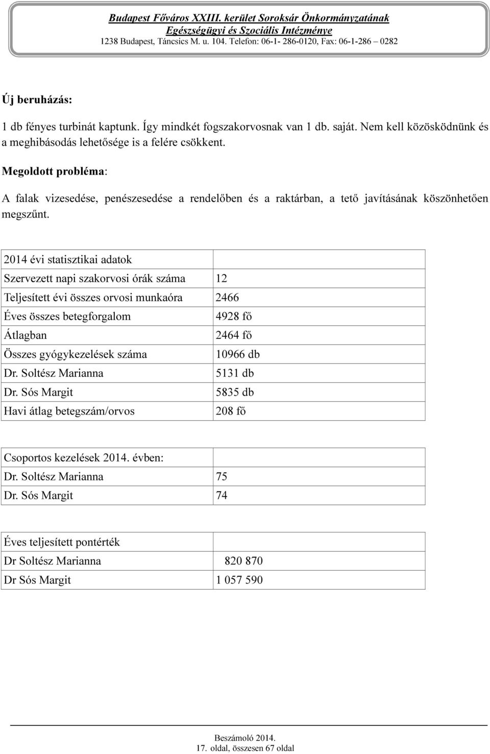 2014 évi statisztikai adatok Szervezett napi szakorvosi órák száma 12 Teljesített évi összes orvosi munkaóra 2466 Éves összes betegforgalom 4928 fő Átlagban 2464 fő Összes gyógykezelések