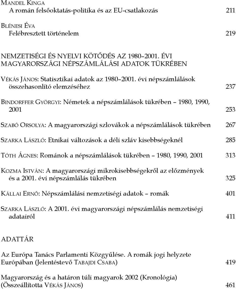 évi népszámlálások összehasonlító elemzéséhez 237 BINDORFFER GYÖRGYI: Németek a népszámlálások tükrében 1980, 1990, 2001 253 SZABÓ ORSOLYA: A magyarországi szlovákok a népszámlálások tükrében 267