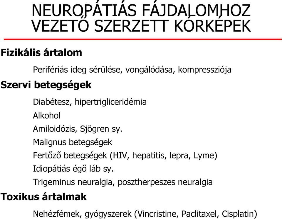 Sjögren sy. Malignus betegségek Fertőző betegségek (HIV, hepatitis, lepra, Lyme) Idiopátiás égő láb sy.