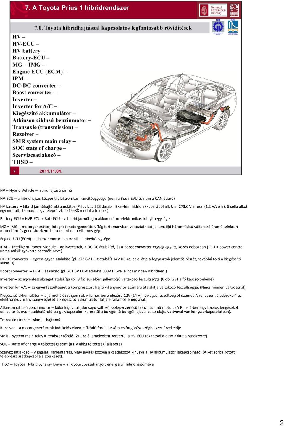 (1,2 V/cella), 6 cella alkot egy modult, 19 modul egy teleprészt, 2x19=38 modul a telepet) Battery-ECU = HVB-ECU = Batt-ECU a hibrid járműhajtó akkumulátor elektronikus irányítóegysége MG = IMG