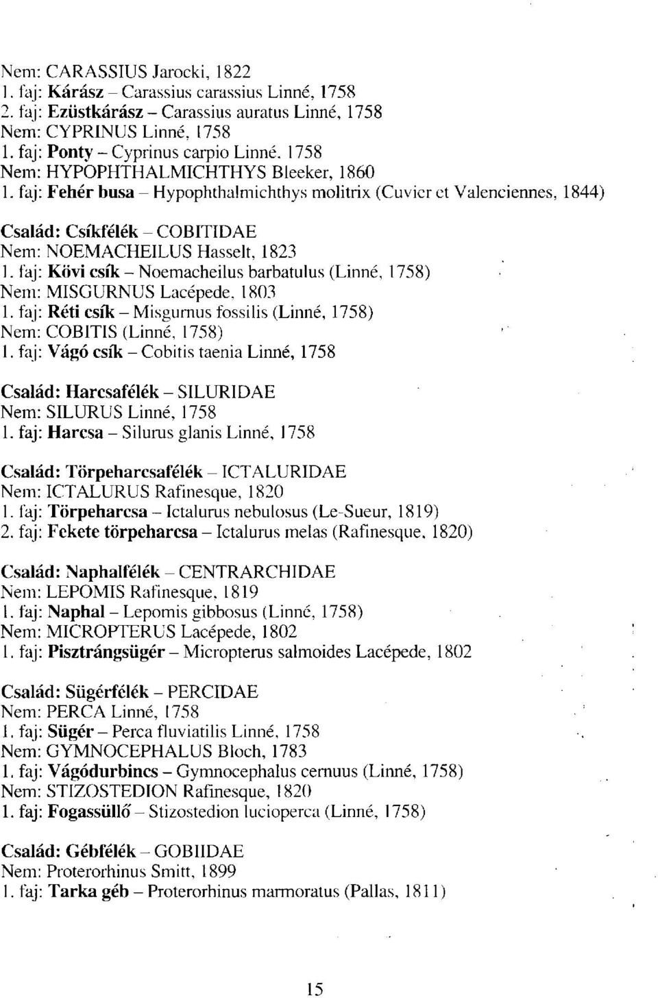 faj: Fehér busa - Hypophthalmichthys molitrix (Cuvier et Valenciennes, 1844) Család: Csíkfélék - COBITIDAE Nem: NOEMACHEILUS Hasselt, 1823 1.