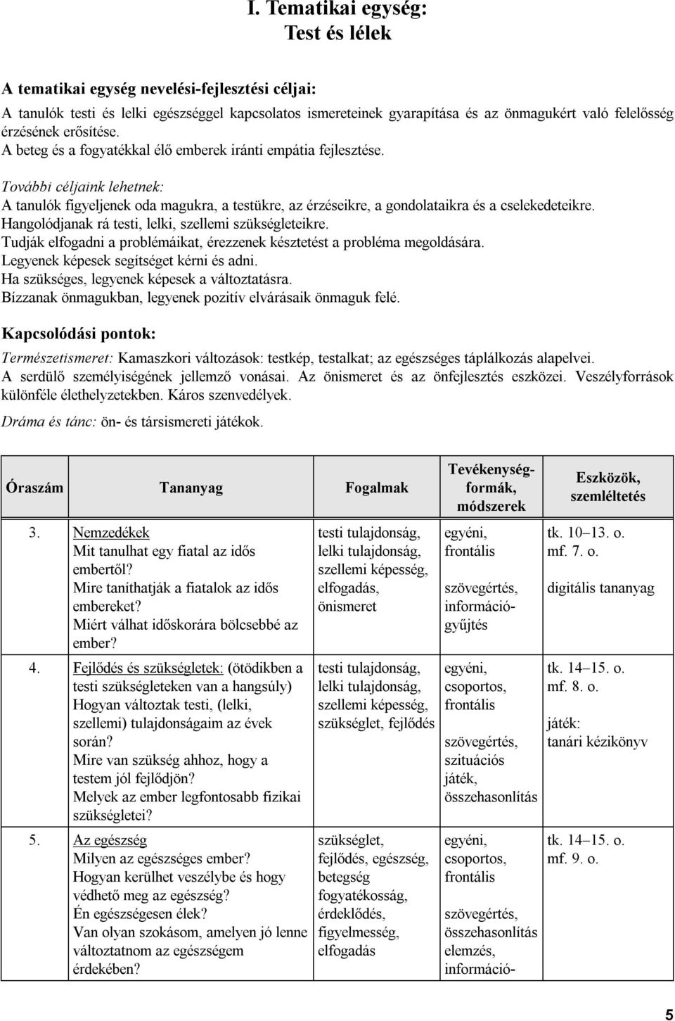 További céljaink lehetnek: A tanulók figyeljenek oda magukra, a testükre, az érzéseikre, a gondolataikra és a cselekedeteikre. Hangolódjanak rá testi, lelki, szellemi szükségleteikre.