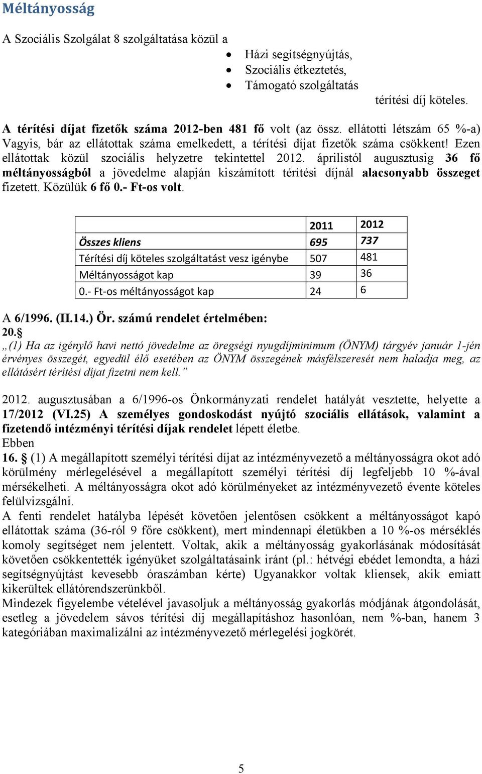 Ezen ellátottak közül szociális helyzetre tekintettel 2012. áprilistól augusztusig 36 fő méltányosságból a jövedelme alapján kiszámított térítési díjnál alacsonyabb összeget fizetett. Közülük 6 fő 0.