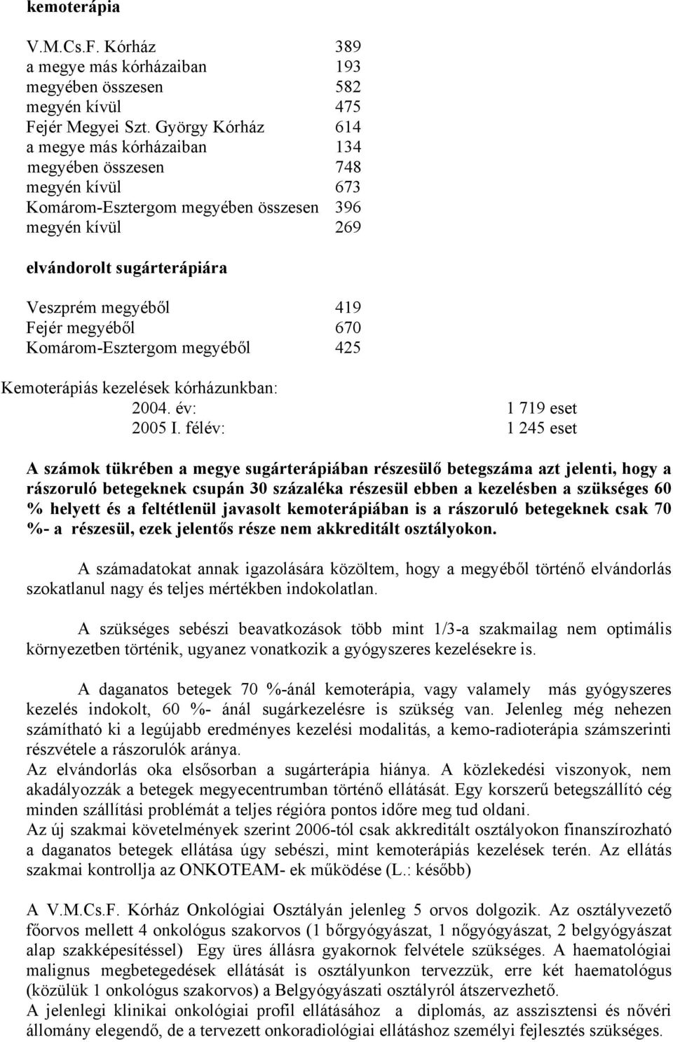 megyéből 670 Komárom-Esztergom megyéből 425 Kemoterápiás kezelések kórházunkban: 2004. év: 1 719 eset 2005 I.