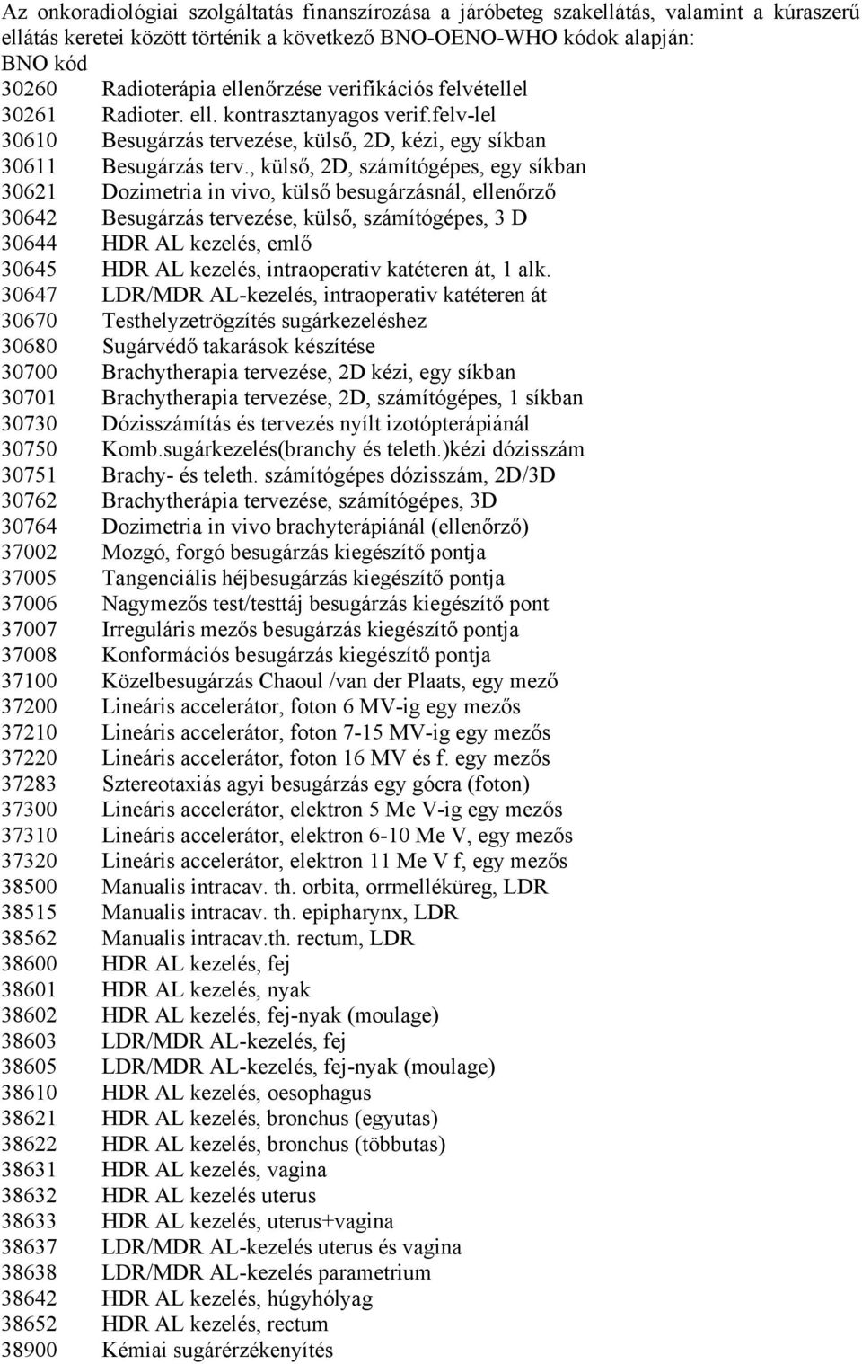 , külső, 2D, számítógépes, egy síkban 30621 Dozimetria in vivo, külső besugárzásnál, ellenőrző 30642 Besugárzás tervezése, külső, számítógépes, 3 D 30644 HDR AL kezelés, emlő 30645 HDR AL kezelés,