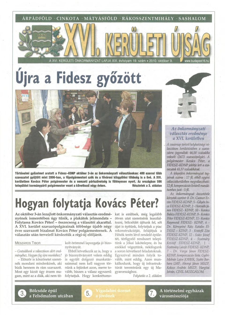 is a övé. A XVI. kerületben Kovács Péter polgármester és a nemzeti pártszövetség is fölényesen nyert. Az országban 596 települést kormánypárti polgármester vezet a következo négy évben. Részletek a 3.
