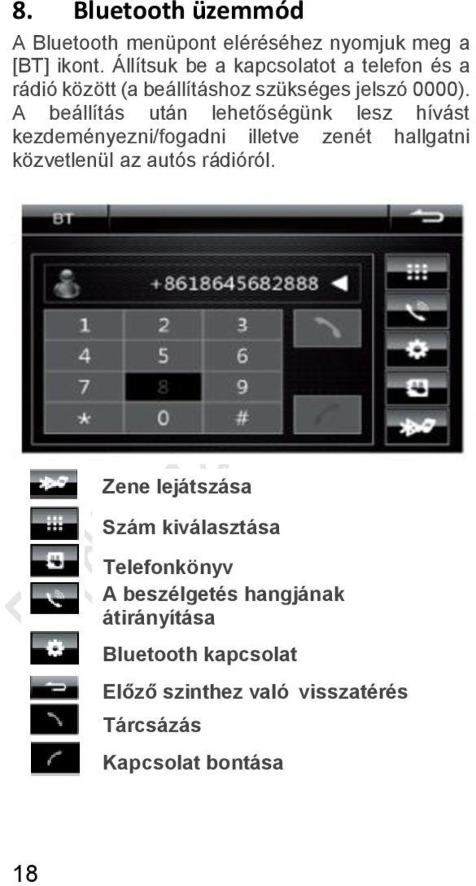 A beállítás után lehetőségünk lesz hívást kezdeményezni/fogadni illetve zenét hallgatni közvetlenül az autós