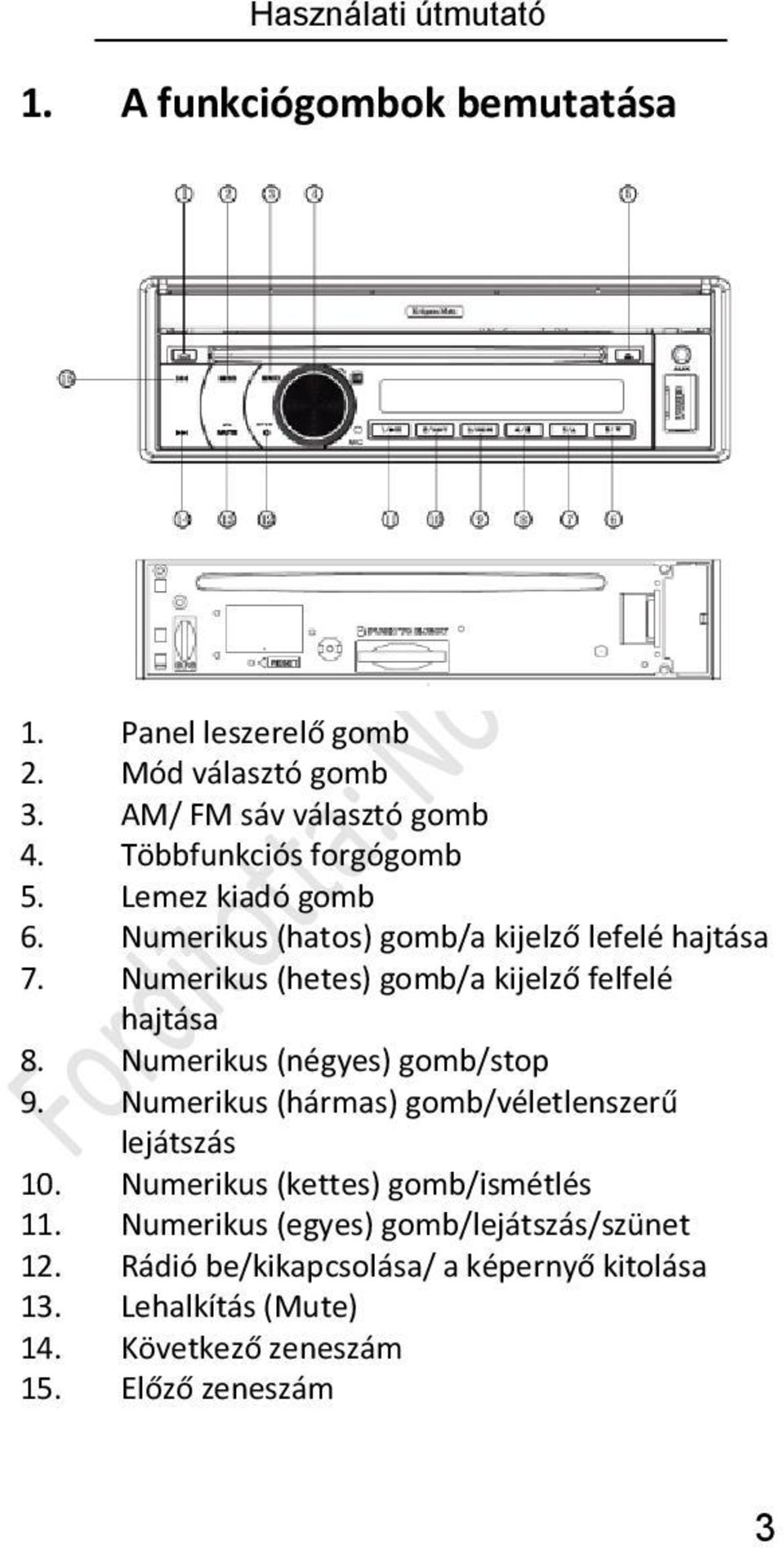 Numerikus (hetes) gomb/a kijelző felfelé hajtása 8. Numerikus (négyes) gomb/stop 9. Numerikus (hármas) gomb/véletlenszerű lejátszás 10.