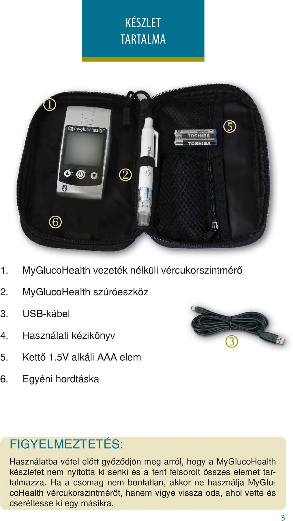 Egyéni hordtáska FIGYELMEZTETÉS: Használatba vétel előtt győződjön meg arról, hogy a MyGlucoHealth készletet nem nyitotta