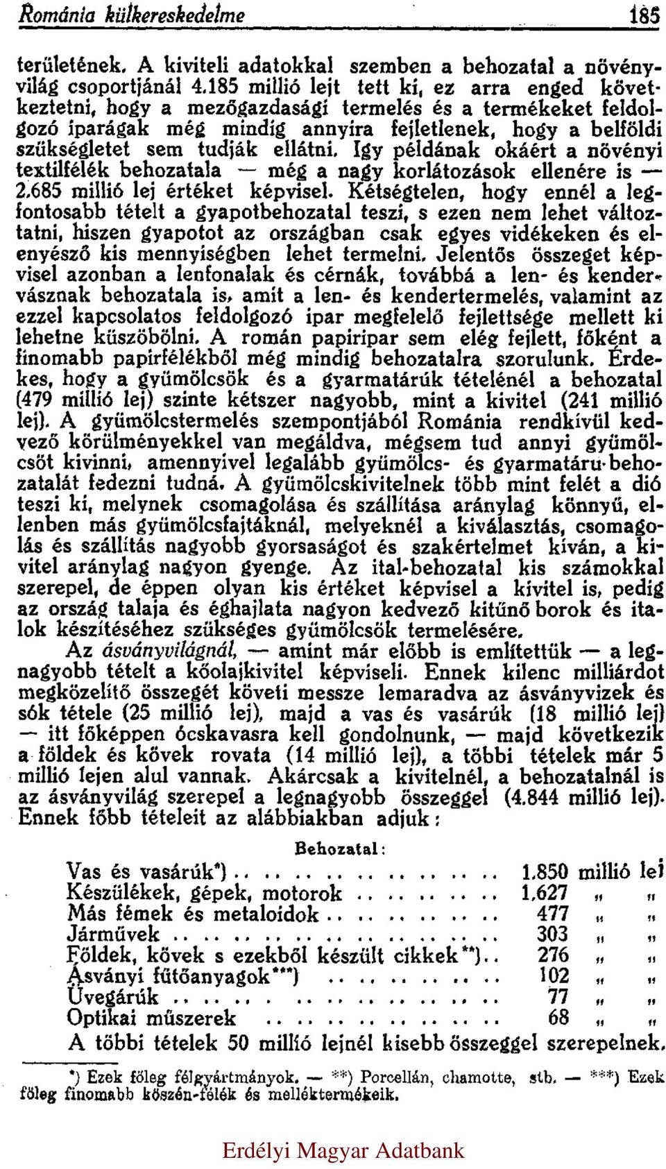 mindig annyira fejletlenek, hogy a belföldi szükségletet sem tudják ellátni. Igy példának okáért a növényi textilfélék behozatala még a nagy korlátozások ellenére is 2.685 millió lej értéket képvisel.