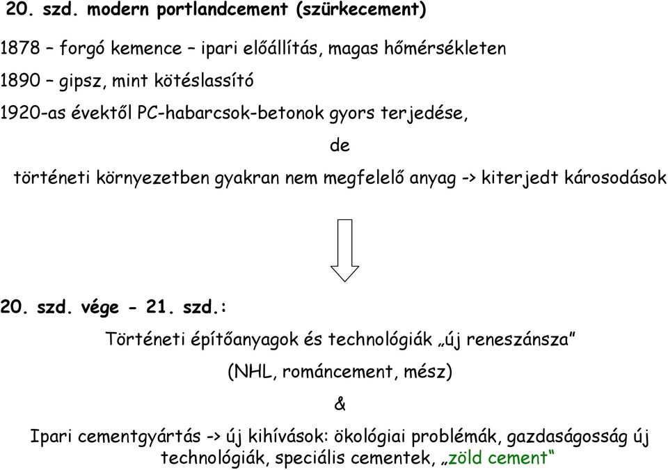 1920-as évektől PC-habarcsok-betonok gyors terjedése, de történeti környezetben gyakran nem megfelelő anyag -> kiterjedt