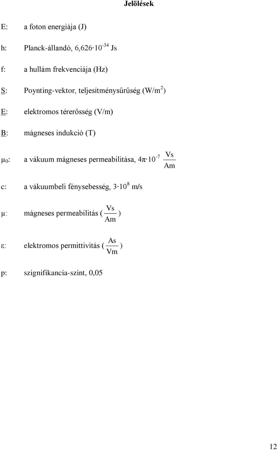 µ 0 : a vákuum mágneses permeabilitása, 4π 10-7 Vs Am c: a vákuumbeli fénysebesség, 3 10 8 m/s Vs µ: