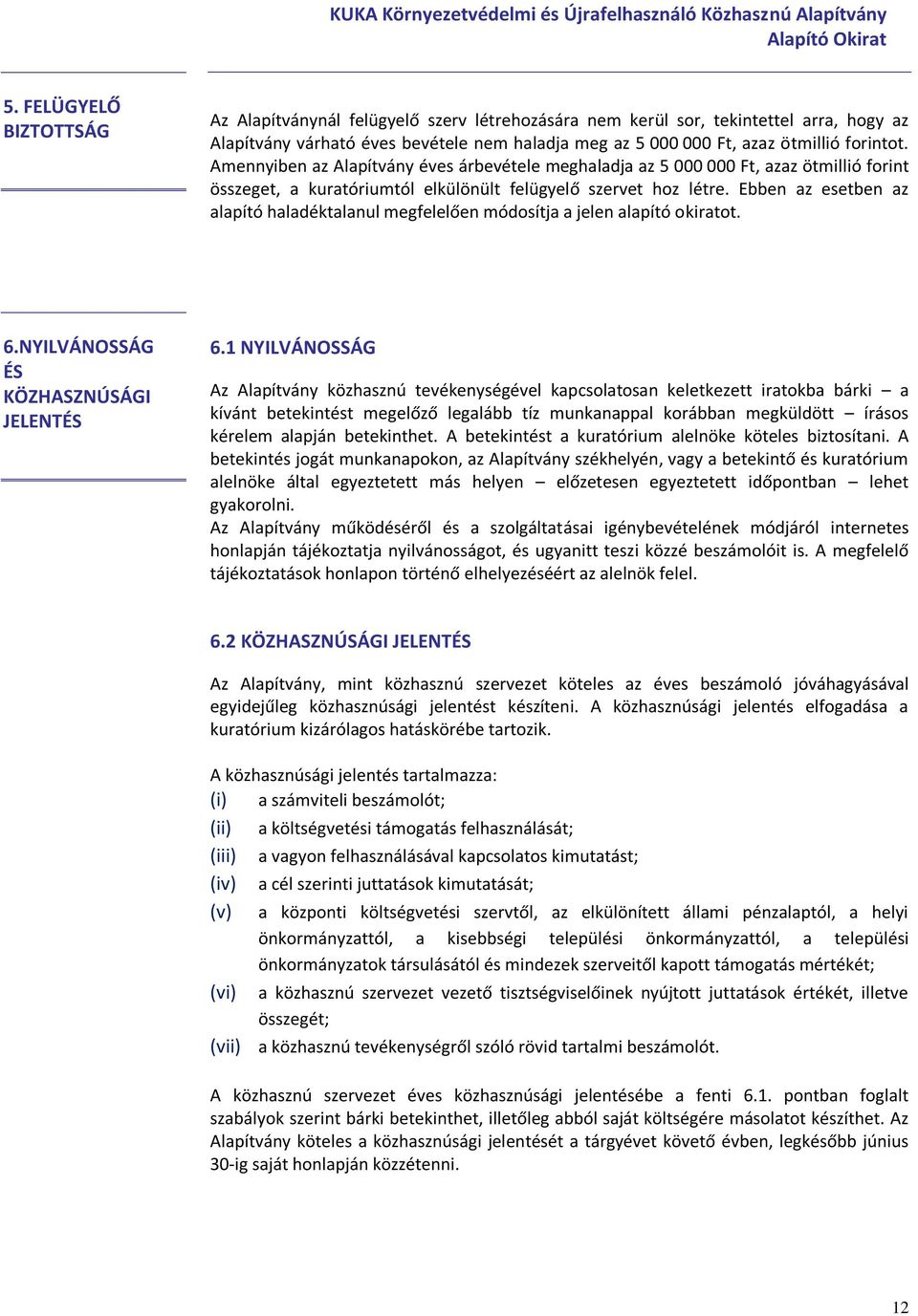 Ebben az esetben az alapító haladéktalanul megfelelően módosítja a jelen alapító okiratot. 6.NYILVÁNOSSÁG ÉS KÖZHASZNÚSÁGI JELENTÉS 6.