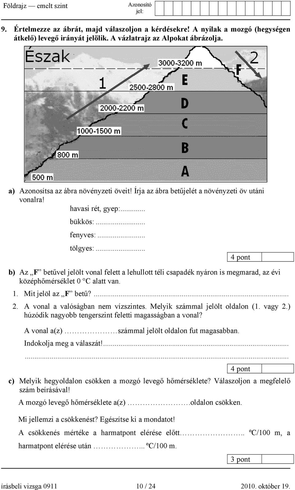 .. 4 pont b) Az F betűvel jelölt vonal felett a lehullott téli csapadék nyáron is megmarad, az évi középhőmérséklet 0 C alatt van. 1. Mit jelöl az F betű?... 2. A vonal a valóságban nem vízszintes.