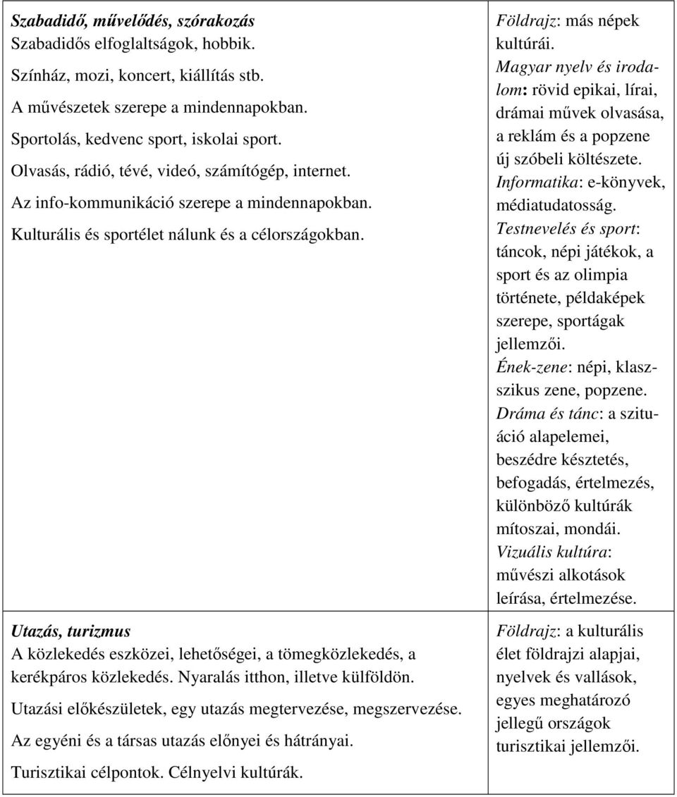 Utazás, turizmus A közlekedés eszközei, lehetıségei, a tömegközlekedés, a kerékpáros közlekedés. Nyaralás itthon, illetve külföldön. Utazási elıkészületek, egy utazás megtervezése, megszervezése.