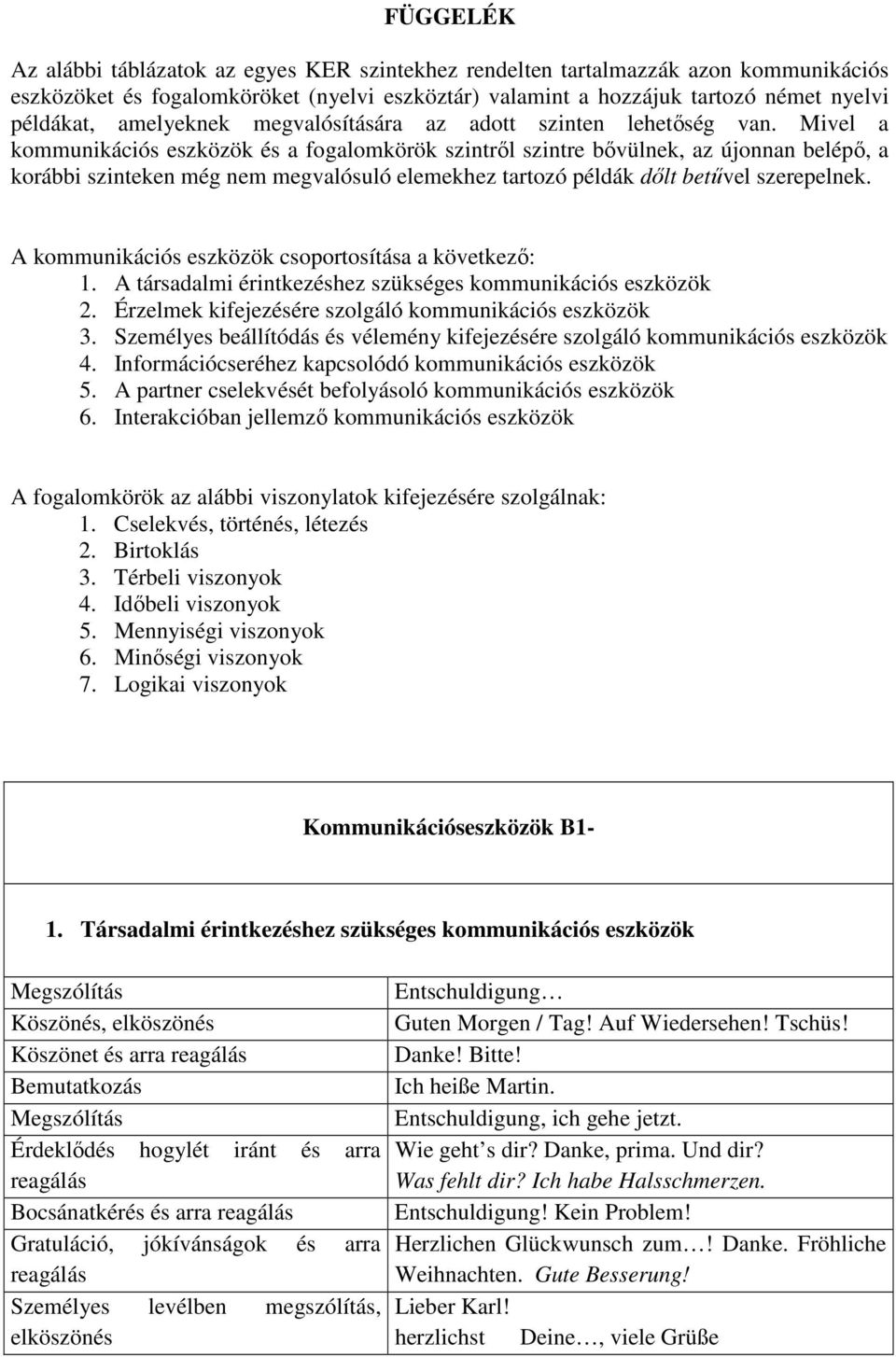 Mivel a kommunikációs eszközök és a fogalomkörök szintrıl szintre bıvülnek, az újonnan belépı, a korábbi szinteken még nem megvalósuló elemekhez tartozó példák dılt betővel szerepelnek.