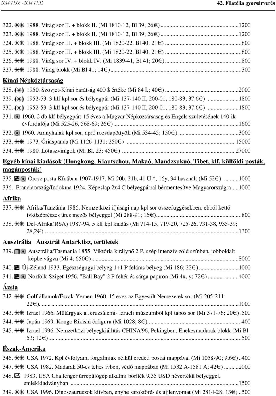 ..300 Kínai Népköztársaság 328. 1950. Szovjet-Kínai barátság 400 $ értéke (Mi 84 I.; 40 )...2000 329. 1952-53. 3 klf kpl sor és bélyegpár (Mi 137-140 II, 200-01, 180-83; 37,6 )...1800 330. 1952-53. 3 klf kpl sor és bélyegpár (Mi 137-140 II, 200-01, 180-83; 37,6 )...1800 331.