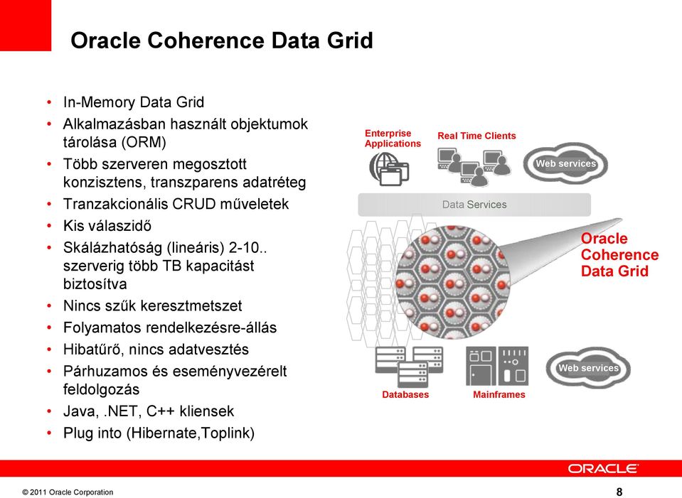 . szerverig több TB kapacitást biztosítva Oracle Coherence Data Grid Nincs szűk keresztmetszet Folyamatos rendelkezésre-állás Hibatűrő, nincs