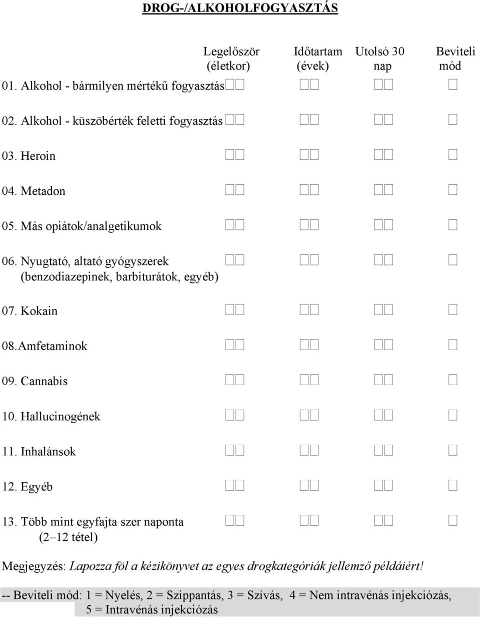 Más opiátok/analgetikumok 06. Nyugtató, altató gyógyszerek (benzodiazepinek, barbiturátok, egyéb) 07. Kokain 08.Amfetaminok 09. Cannabis 10.