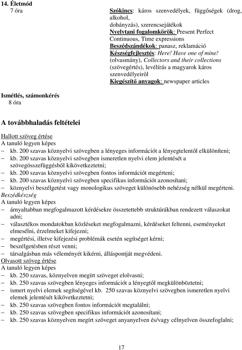 (olvasmány), Collectors and their collections (szövegértés), levélírás a magyarok káros szenvedélyeiről Kiegészítő anyagok: newspaper articles Ismétlés, számonkérés 8 óra A továbbhaladás feltételei