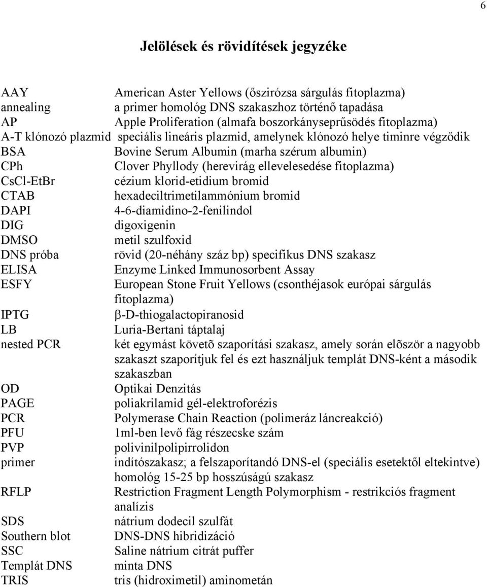 ellevelesedése fitoplazma) CsCl-EtBr cézium klorid-etidium bromid CTAB hexadeciltrimetilammónium bromid DAPI 4-6-diamidino-2-fenilindol DIG digoxigenin DMSO metil szulfoxid DNS próba rövid (20-néhány