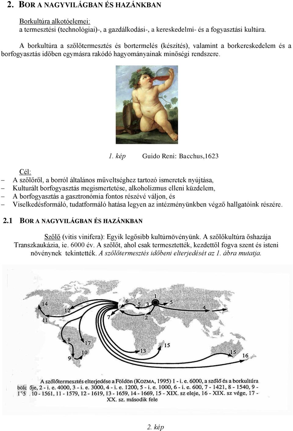 kép Guido Reni: Bacchus,1623 Cél: A szőlőről, a borról általános műveltséghez tartozó ismeretek nyújtása, Kulturált borfogyasztás megismertetése, alkoholizmus elleni küzdelem, A borfogyasztás a