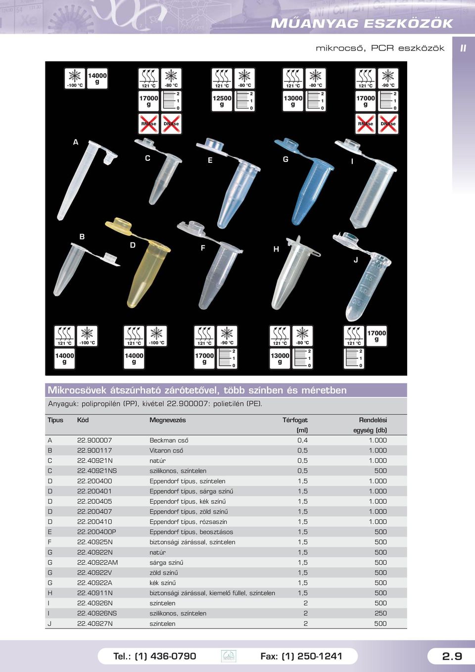 4 Eppendorf típus, színtelen,5. D.4 Eppendorf típus, sára színû,5. D.45 Eppendorf típus, kék színû,5. D.47 Eppendorf típus, zöld színû,5. D.4 Eppendorf típus, rózsaszín,5. E.4P Eppendorf típus, beosztásos,5 5 F.