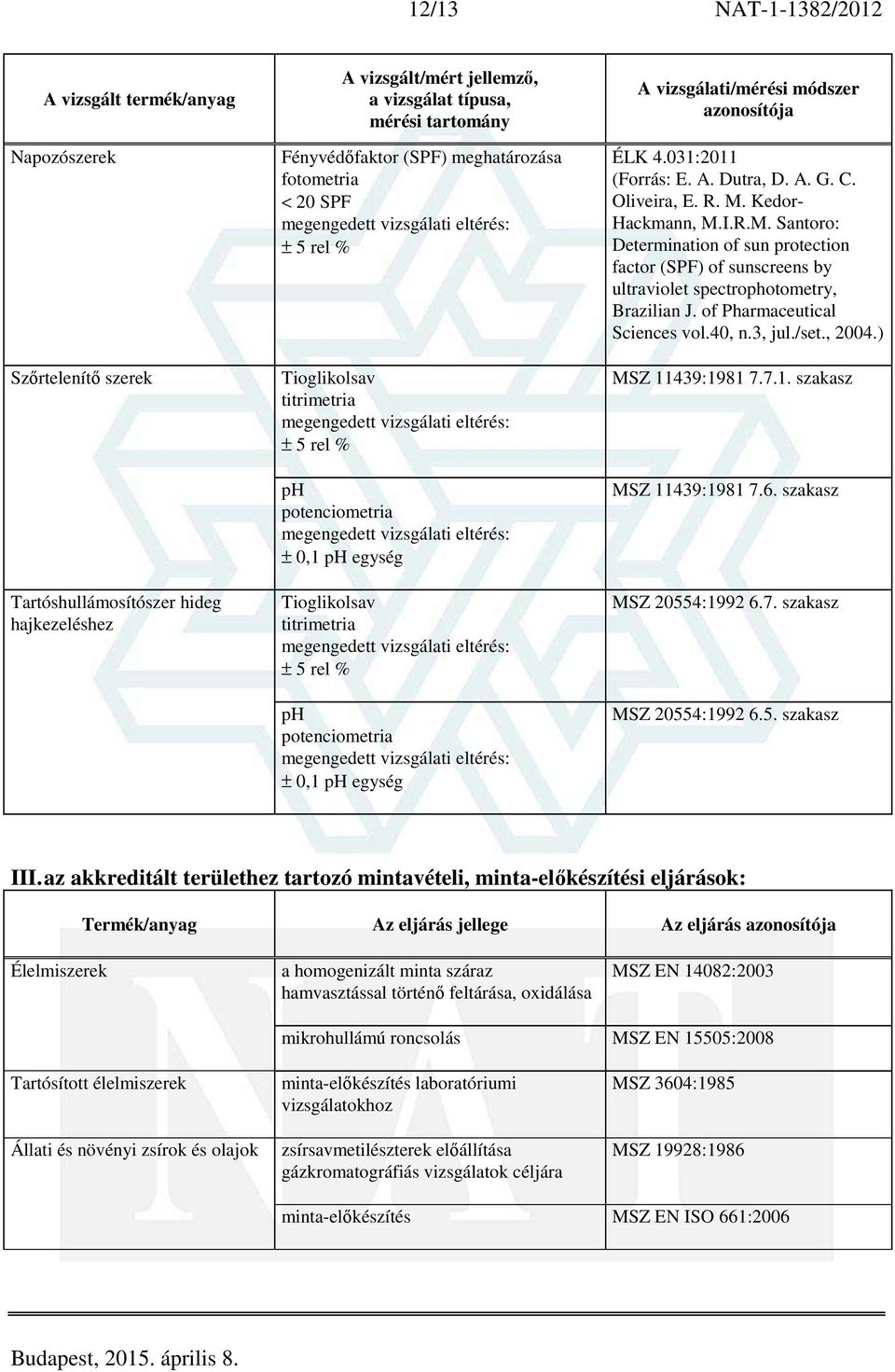 Kedor- Hackmann, M.I.R.M. Santoro: Determination of sun protection factor (SPF) of sunscreens by ultraviolet spectrophotometry, Brazilian J. of Pharmaceutical Sciences vol.40, n.3, jul./set., 2004.