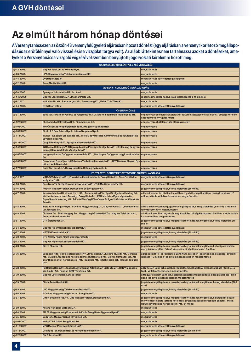 GAZDASÁGI ERÕFÖLÉNNYEL VALÓ VISSZAÉLÉS Vj-42/2006. Magyar Telekom Távközlési Nyrt. megszüntetés Vj-23/2007. UPC Magyarország Telekommunikációs Kft. megszüntetés Vj-44/2007.